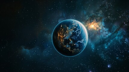 Obraz premium Planet Earth in Deep Space with Blue Nebula and Glowing Sun, Outer Space Dark Wallpaper