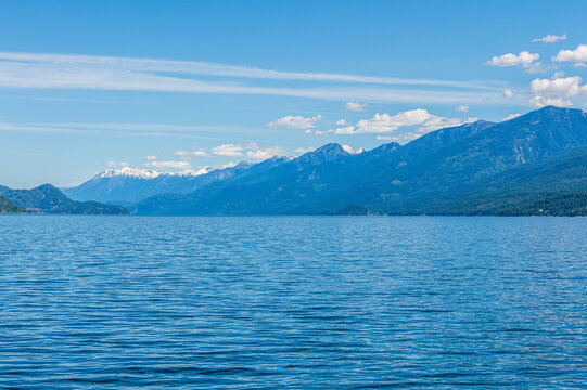 Landscape of the Snowcapped Percell Mountains from Kootenay Lake Near Balfour, British Columbia, Canada