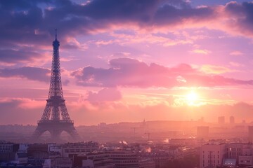 Paris skyline at sunset  eiffel tower dominates iconic cityscape of paris, france