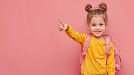 Photo of positive girl kid point finger copyspace hold rucksack isolated pastel color background