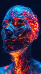 Surreal Glowing Brain in a Human Head - Vibrant Digital Painting Exploring the Organic and Digital