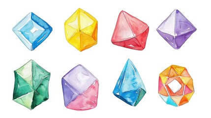 A collection of six differently colored crystals on a white background, great for use in scientific or educational contexts