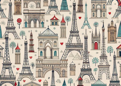 Whimsical seamless doodle pattern featuring iconic Parisian landmarks Eiffel tower, Notre Dame, and Triumphal Arch in elegant black ink hand-drawn illustrations.