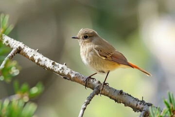 Obraz premium A small bird is seen sitting on the top of a tree branch, possibly looking for food or taking in its surroundings