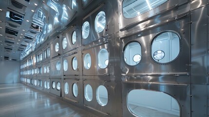 Screen wall made from recycled airplane windows, each set in a minimalist metal frame, offering views that change based on one's perspective