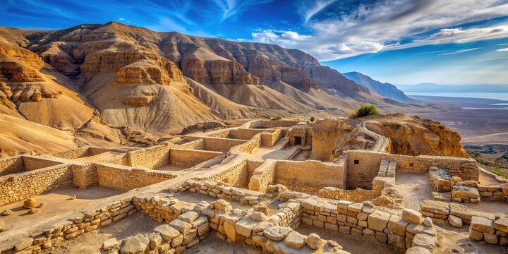 Ancient Qumran archaeological site in Judean Desert, Israel, featuring rugged cliffs, caves, and barren landscape where Dead Sea Scrolls were famously unearthed.