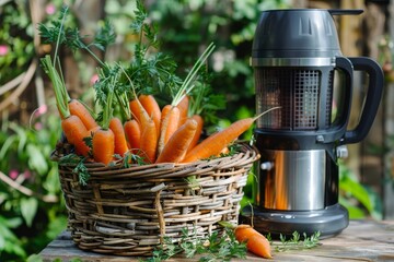 Basket of freshly harvested carrots for nutrient rich juice making with a juicer