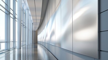 Fototapeta premium Screen wall with articulated panels of brushed aluminum, each capable of angling to catch light differently throughout the day, creating a dynamic visual effect
