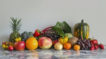 Various fruits and vegetables, arranged by colour on a marble countertop