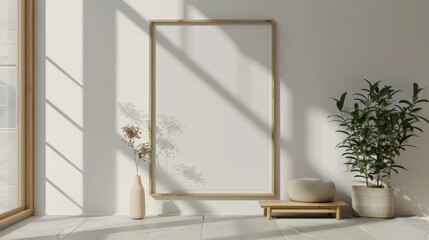 Poster mockup with vertical wooden frame in home interior background