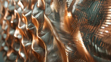 Screen wall with interwoven copper and stainless steel wires, creating a metallic fabric that catches the light and casts complex shadows
