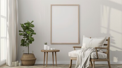 Poster mockup with vertical wooden frame in home interior background