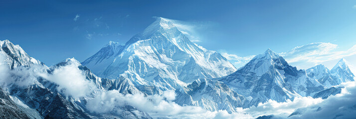 A mountain range covered in snow with a clear blue sky in the background