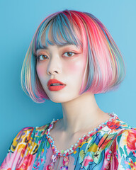 Fototapeta premium A woman with rainbow colored hair poses for a photo