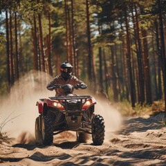 Fototapeta premium Driving modern quad bike in forest. Extreme adventure, ride sport off road, utility vehicle on sandy track