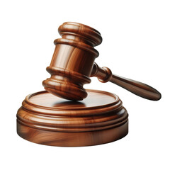 A wooden judge’s gavel resting on its sound block, isolated on transparent background PNG image
