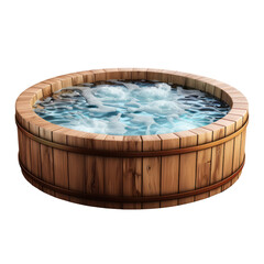 Fototapeta premium Relaxing hot tub with bubbling water in a wooden barrel design. Perfect for outdoor leisure and spa relaxation.