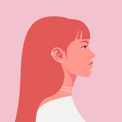 A profile of a red-haired young woman with piercing. Side view. Fashion model. Vector flat illustration