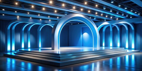 Sleek modern blue stage featuring multiple archways and minimalist design elements with clean lines, perfect for corporate events, product launches, and performances.