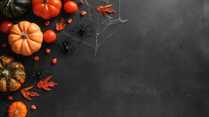Happy halloween flat lay mockup with spiders, decoration and spider web on black background. Autumn holiday concept composition. Top view with copy space