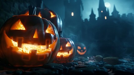 Haunted Gothic castle lit by sinister jack-o'-lanterns, skeletal sentinels at attention, witch's broom propped against the ancient walls