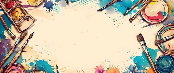 Vibrant Plaid and Art Tool Doodle Pattern Border Design for Mockup or Background with Blank Space
