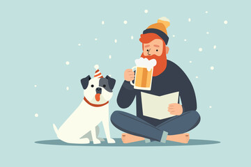 bachelor boy life concept. man drink beer . sitting together with dog, happy fun family. 