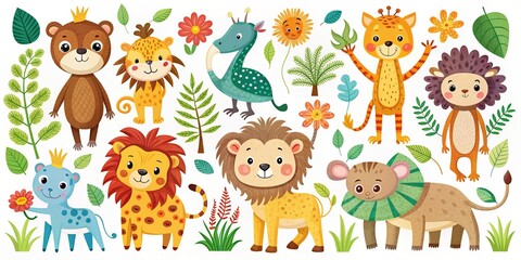 Fototapeta premium Whimsical woodland animals clipart set featuring jungle creatures like monkeys, giraffes, and lions in vibrant colors, perfect for nursery prints and kids illustration.