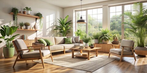 Fototapeta premium Serene minimalist living room bathed in warm natural light, featuring wooden furniture, lush green plants, and soft textiles, evoking feelings of calm and tranquility.