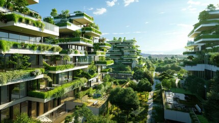 Obraz premium Residential area with ecological and sustainable green residential buildings, low-energy houses with apartments and green
