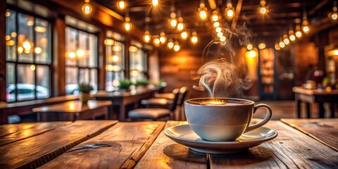 Cozy corner of a warm coffee shop featuring a steaming cup of hot coffee on a rustic wooden table surrounded by soft lighting and ambiance.