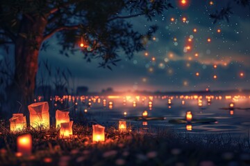 Enchanting lakeside night scene with glowing lanterns floating on water and hanging from tree branches, creating a magical ambiance.