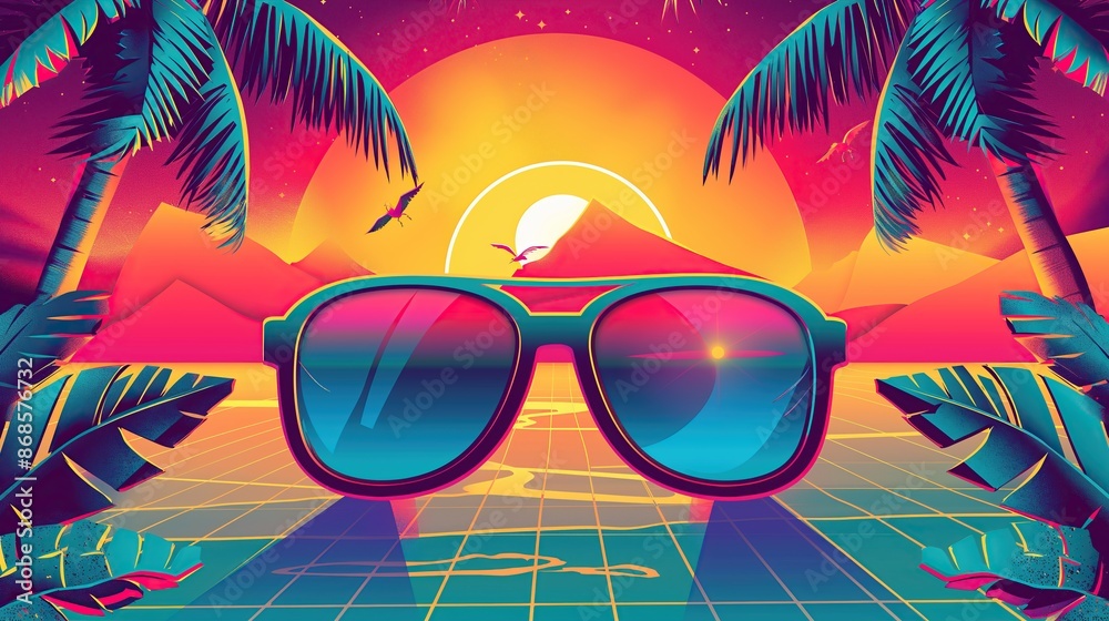 Wall mural summer background with sunglasses, retro active art