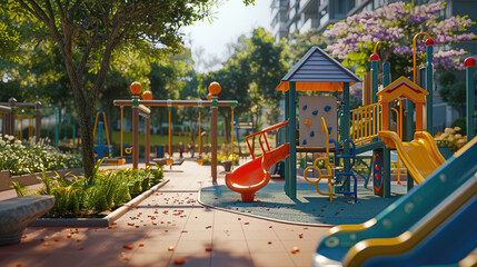 Fototapeta premium Children delight in the diverse toys of the playground--slides, swings, and climbing structures. Each prompt captures the essence of dynamic and imaginative play.
