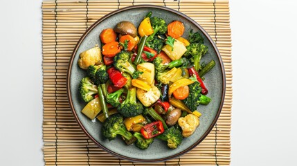 Vegan food ,Stir-Fried Vegetables ,vegetarian dish with mix of vegetables in plate on bamboo place mat on white background