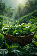 Naklejka premium Close-up of freshly picked tea leaves in a basket on a tea mountain