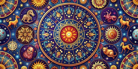 Fototapeta premium Intricately designed seamless pattern featuring a wheel of astrology with realistic illustrations of twelve zodiac signs in vibrant colors, perfect for horoscope and astrology themes.