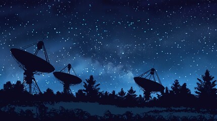 Silhouettes of Satellite Dishes Against Starry Night Sky, Space Observatory Scene