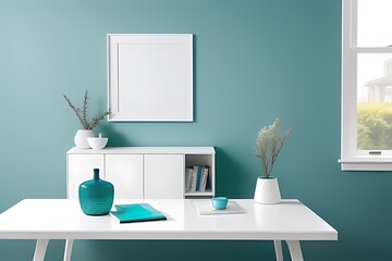 Mockup white frame on full transformative teal modern table