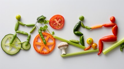 Creative vegetable artwork featuring cycling and exercise scenes crafted from cucumbers, tomatoes, and other fresh produce on a light background.