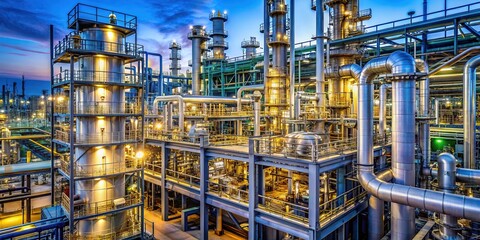 Idle yet ready, a complex network of mixing vessels, purification systems, and pipes fills a vast chemical production plant, awaiting activation for diverse industrial needs.
