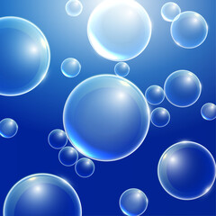 Realistic transparent  3d bubbles underwater . Soap bubbles vector illustration