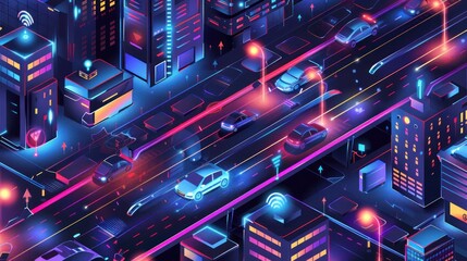Fototapeta premium Futuristic Cityscape with Neon Lights and Self-Driving Cars