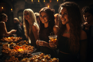 A group of friends at a Halloween party, surrounded by themed snacks, drinks, and decorations