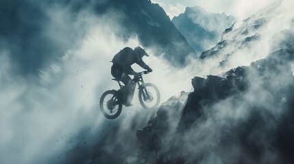 Obraz premium A man is riding a bike down a mountain