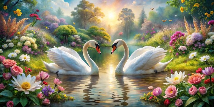 Delicate swans face off amidst a vibrant floral backdrop, surrounded by lush greenery and colorful blooms, radiating tranquility and serenity in perfect harmony.