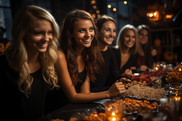 Fototapeta premium A group of friends at a Halloween party, surrounded by themed snacks, drinks, and decorations