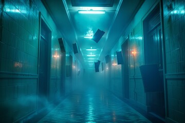 A mysterious, eerie hallway in blue-green light, filled with floating objects and eerie mist, creating an unsettling, surreal atmosphere.