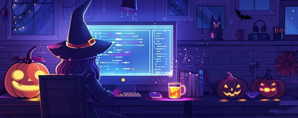 A person in a witch hat coding on a computer surrounded by Halloween-themed decor, featuring carved pumpkins and a cozy workspace.