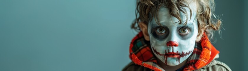 A young child with curly hair and white face paint dressed up as a scary clown for Halloween, staring intensely with a blue background.